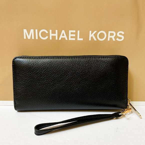 Michael Kors Jet Set Travel Large Continental Leather Wallet Black/Gold - Picture 2 of 10
